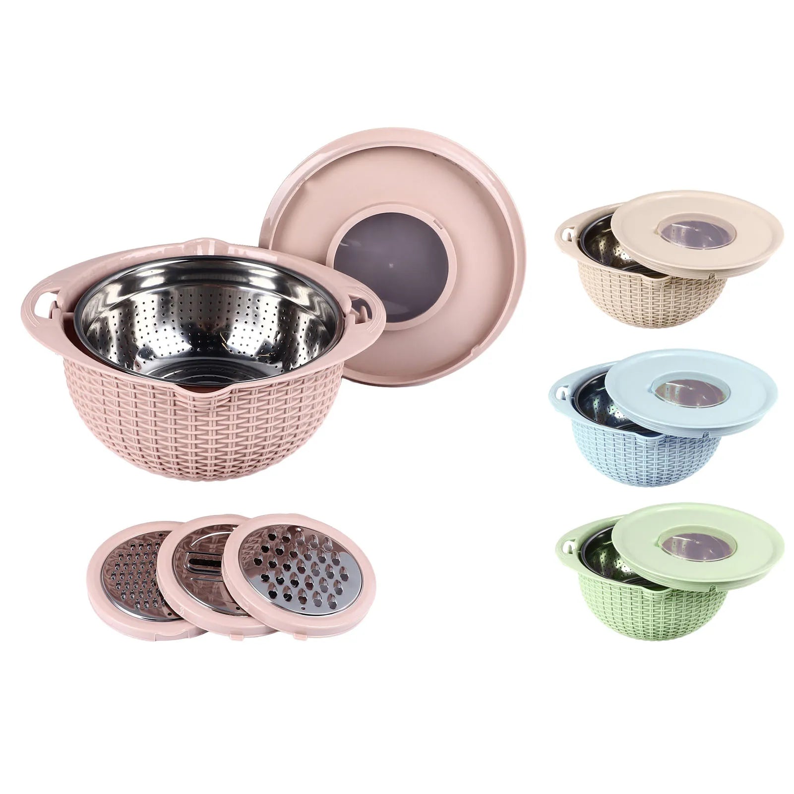4-in-1-Siebschüssel mit Schneidwerkzeugen, drehbares Sieb, 2-lagiger ergonomischer Griff, vielseitige Gemüsewaschschüssel