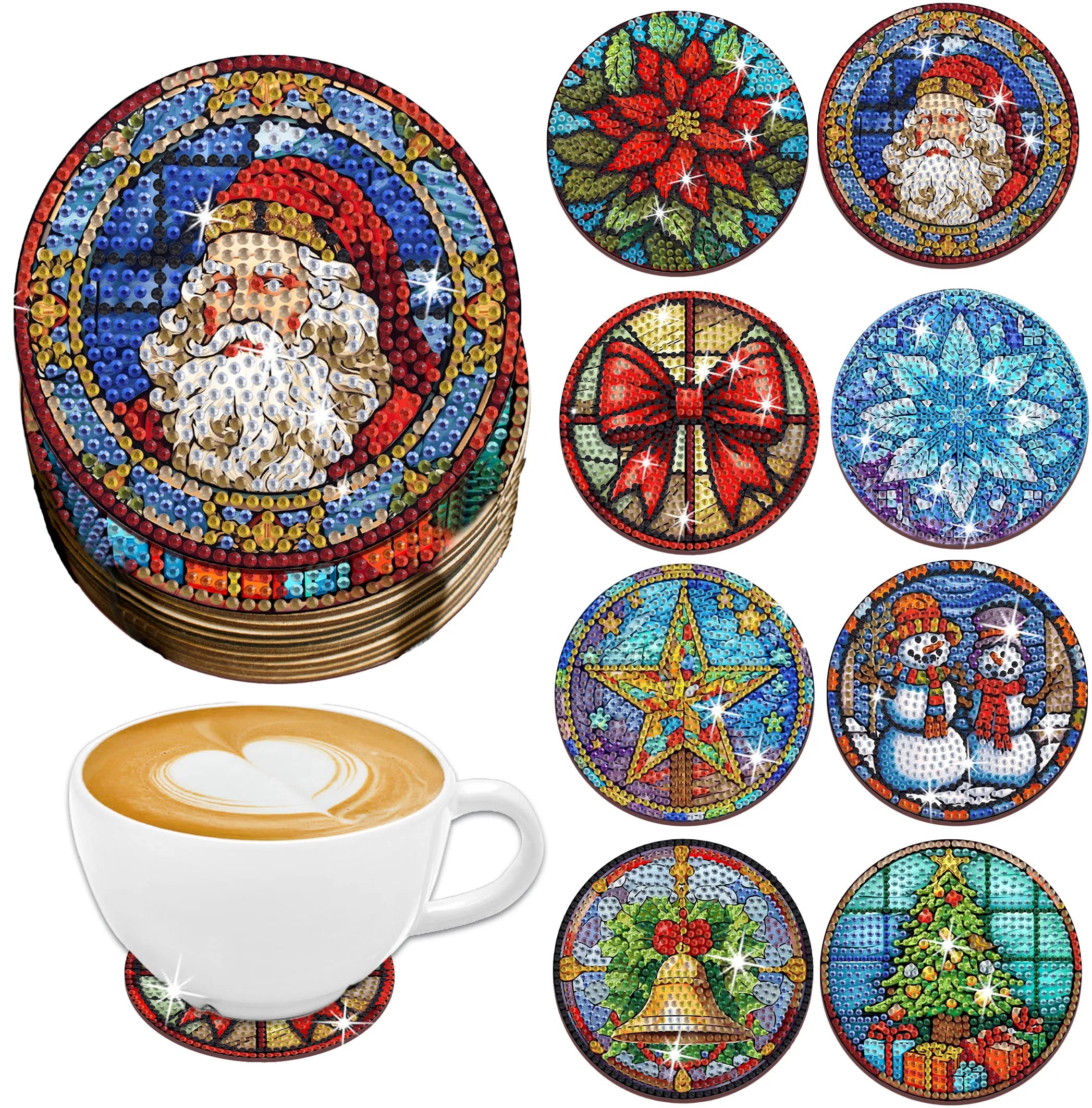 8-teiliges DIY-Diamant-Malerei-Kunstset mit Weihnachtsmotiv, Handwerkskunst, rutschfeste Untersetzer aus Holz ohne Klammern