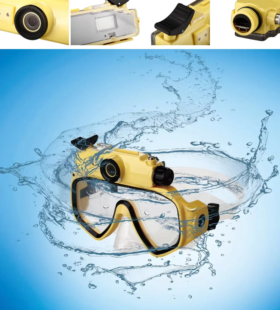 YTYIN RD-34 Tauchmaske mit integrierter HD 1080p Kamera – 5MP CMOS, 90° Weitwinkel, DVR, Gelb & Blau