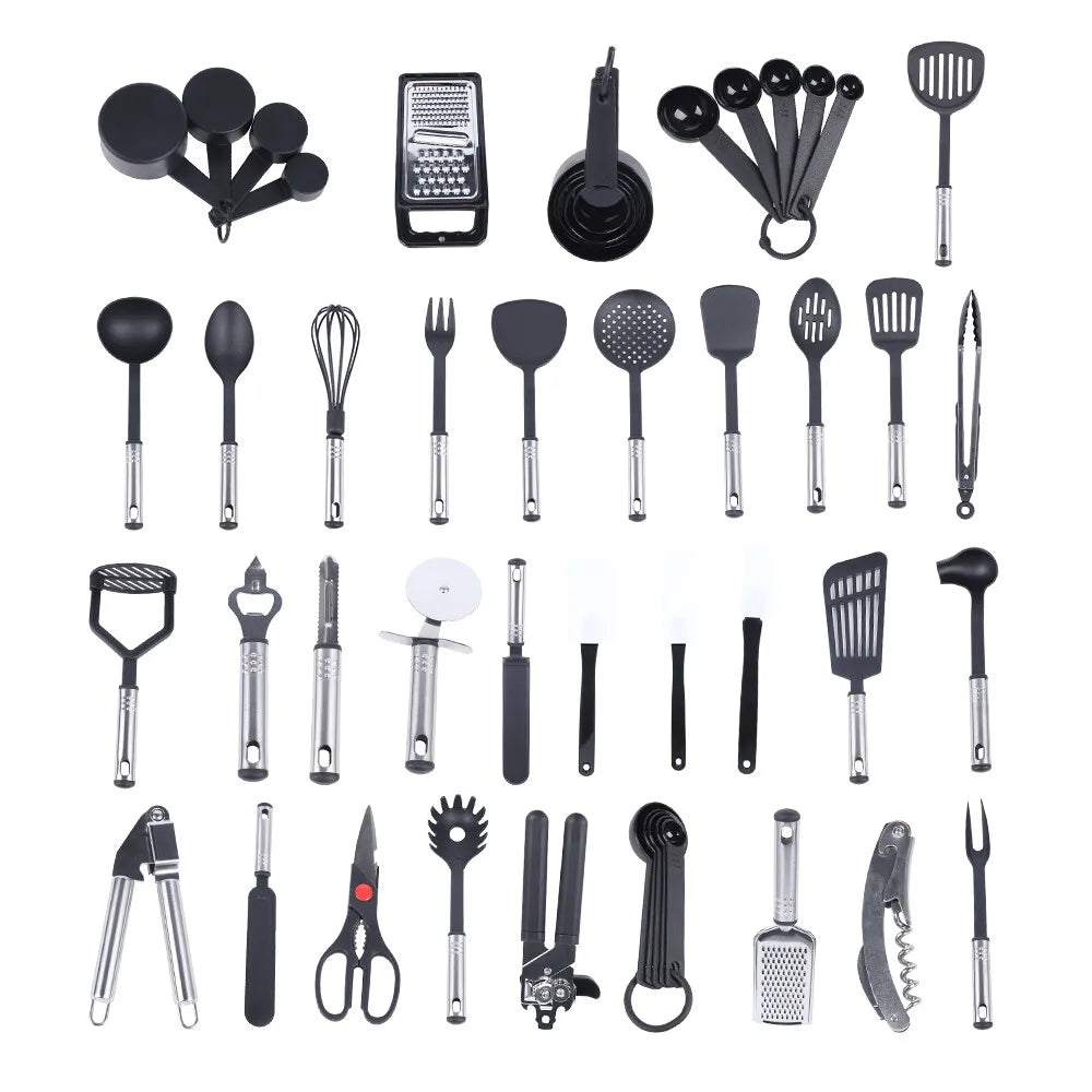 40-teiliges Küchenhelfer-Set aus Edelstahl mit Antihaftbeschichtung, Kochlöffel, Kochen zum Kochen zu Hause, Backen, Rühren, Schwarz