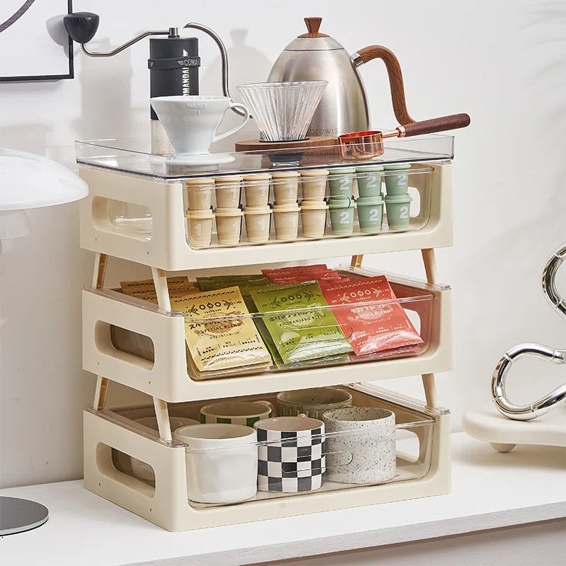 PVC-Kaffeestations-Organizer mit mehreren Schubladen, ausgestattet mit Aufbewahrungsmöglichkeiten für Tassen und Snacks sowie Fächern für Teebeutel – ideal für Küchenarbeitsplatten