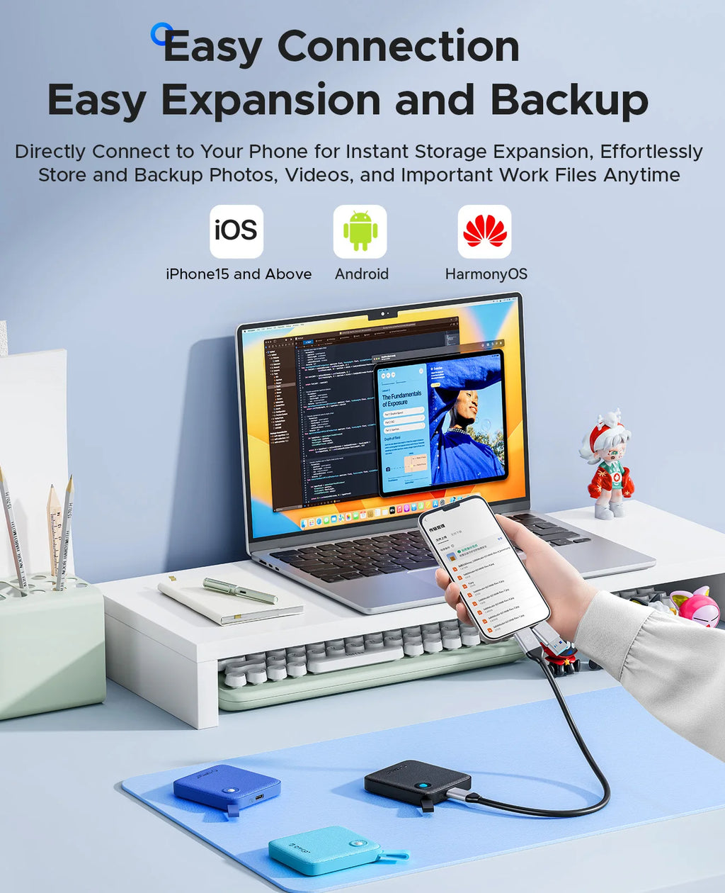 ORICO Tragbare SSD mit 2-in-1-USB-C-Kabel, externen Solid-State-Laufwerke, bis zu 460 MB/s für iPhone 14 13 11 12 X IPad PC