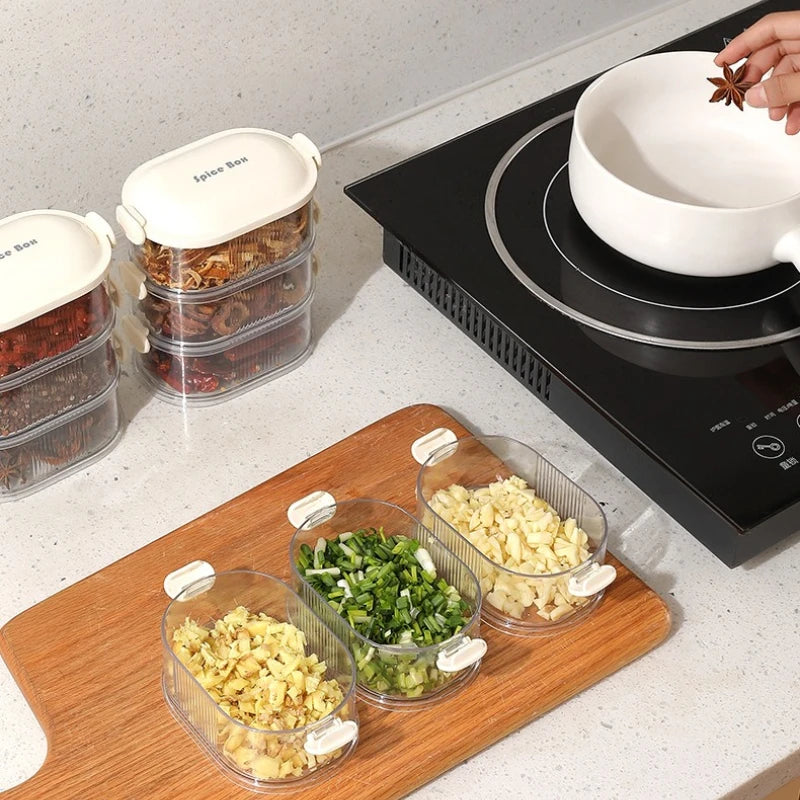 Mehrschichtige Gewürz-Aufbewahrungsbox, tragbar, kleine All-In-One-Zange, Küche, transparente Gewürze, Bohnen, Nüsse, Körner, Vorratsgläser