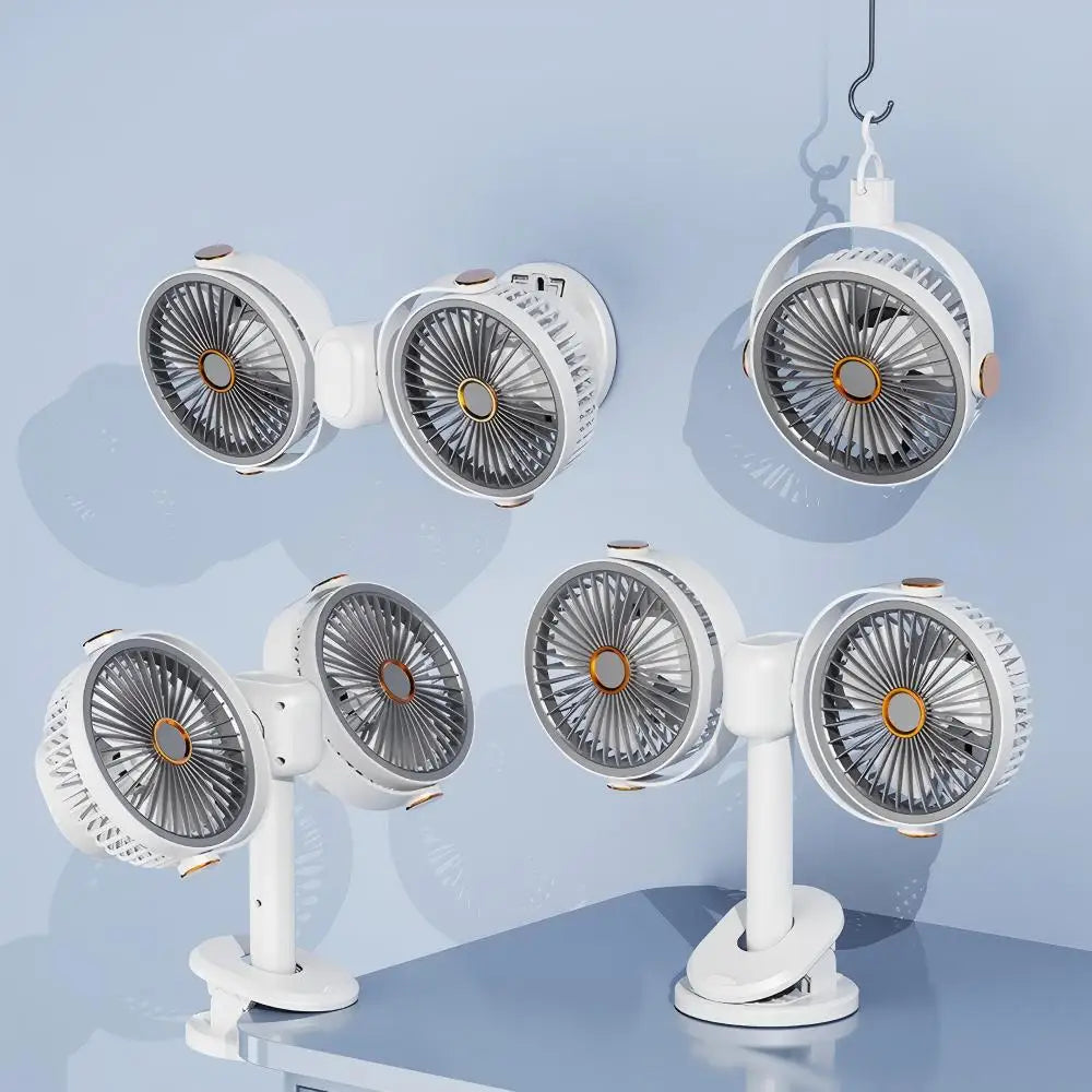 Doppelkopf-Tischventilator mit Clip, USB-Akku 1200 mAh – 5 Stufen, 360° verstellbar