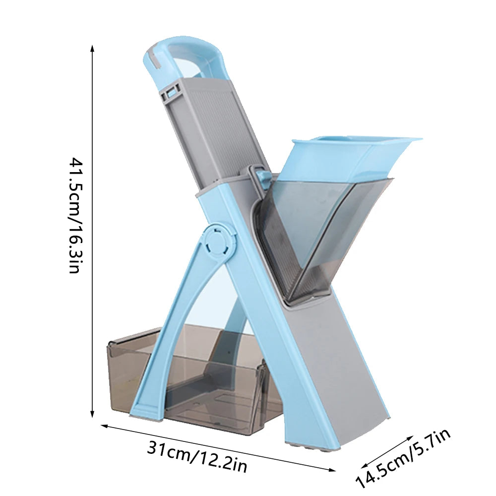 Gemüse-Hobel & Zerkleinerer 4-in-1 – Einstellbar 0,1–8mm, Julienne, Würfeln, Edelstahl, Blau
