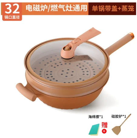 Keramik-Wok mit Deckel, antihaftbeschichtet, Ton-Wok mit Dampfkorb, Ton-Wok, Mikrokordruck-Wok, multifunktionale Haushalts-Bratpfanne