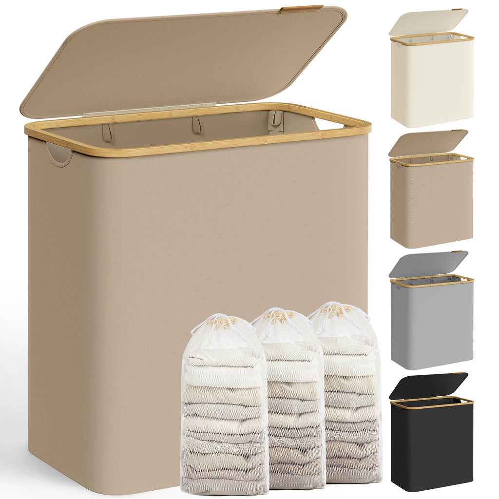 SONGMICS Wäschekorb mit Deckel,Wäschesammler mit 3 Fächern,150 L,herausnehmbarer Wäschesack,Griffe aus Bambus,zusammenklappbar