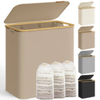 SONGMICS Wäschekorb mit Deckel,Wäschesammler mit 3 Fächern,150 L,herausnehmbarer Wäschesack,Griffe aus Bambus,zusammenklappbar