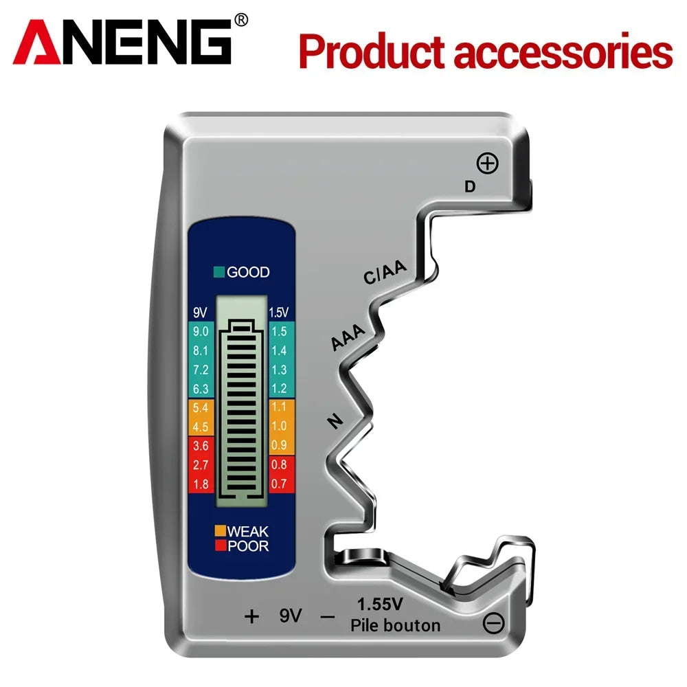ANENG BT1688 Digitaler Batterietester – LCD, AA/AAA/C/D/9V/Knopfzelle, 3-Farben-Anzeige | CE | Schwarz, Silber & Grau