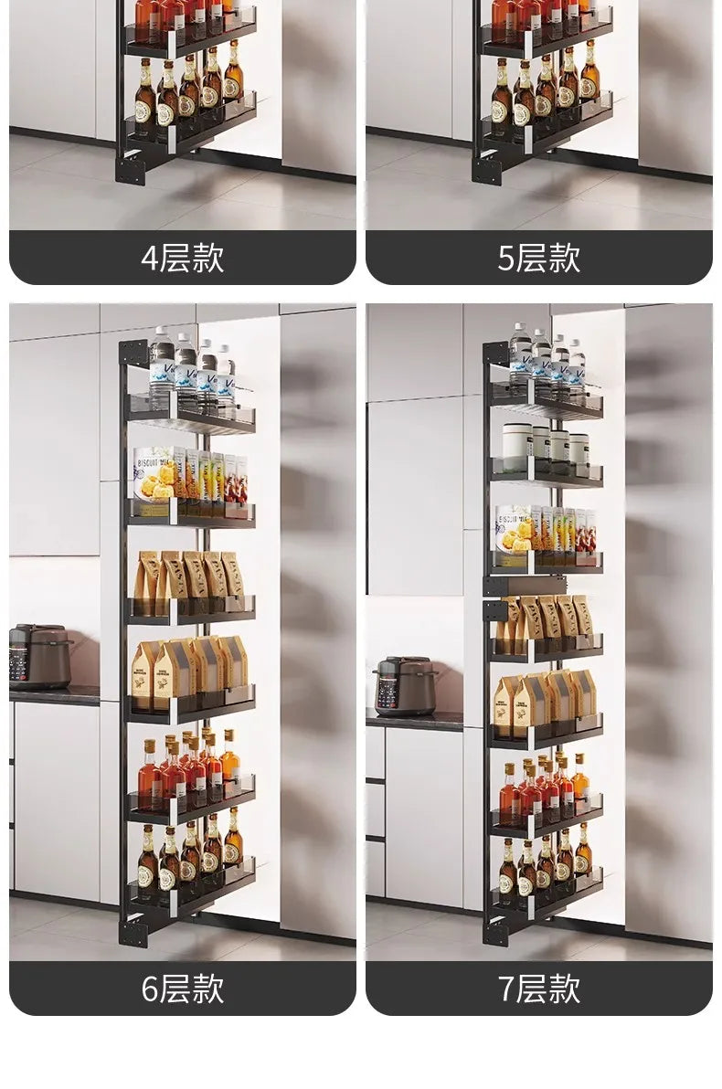 Seitlicher Zugkorb mit hohem Schrank, Kühlschrank-Fugenregal, extrem schmaler Snack-Schrank, Schublade, tiefe Küche, schmale Schränke