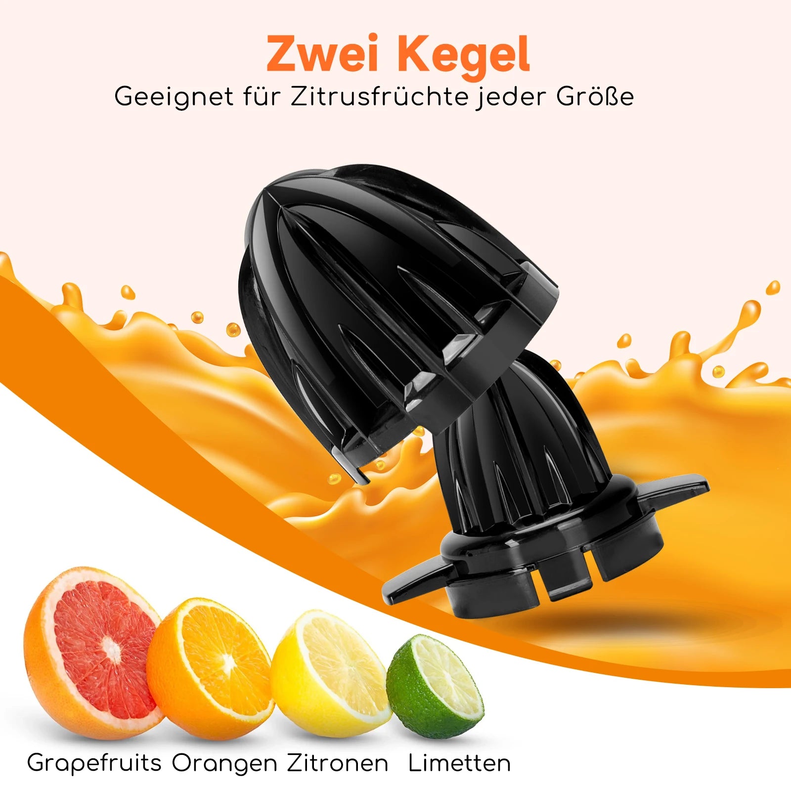 Aigostar elektrische Zitrus presse 40 Watt 700 ml, Zitrus presse mit Tropf auslauf, 2 austauschbare Zapfen. Bpa frei