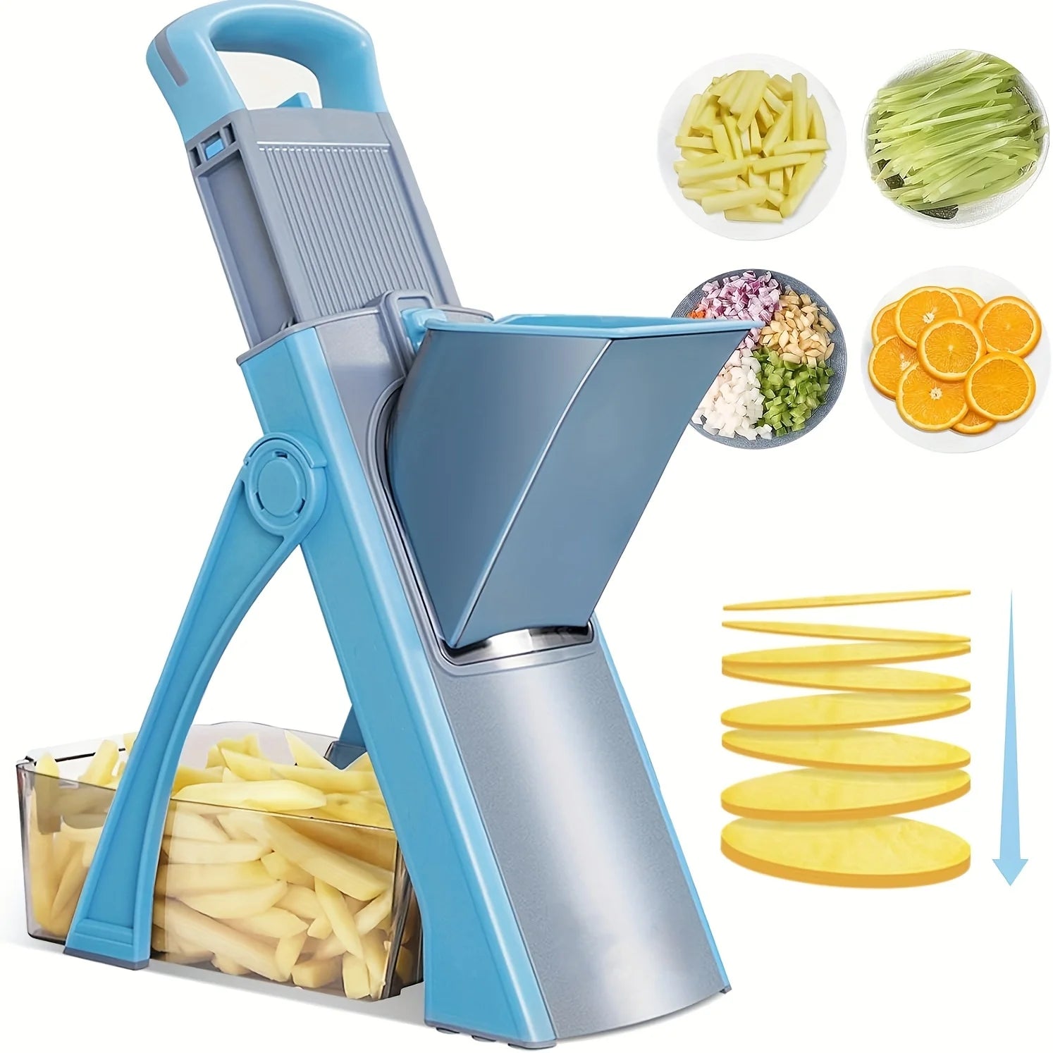 Gemüse-Hobel & Zerkleinerer 4-in-1 – Einstellbar 0,1–8mm, Julienne, Würfeln, Edelstahl, Blau