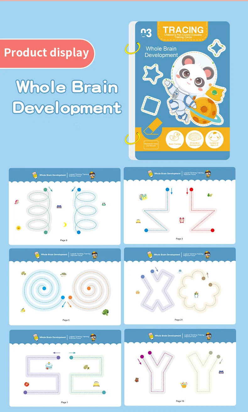 Wiederverwendbares Kinder-Arbeitsbuch-Set mit 34 Seiten und löschbarem Stift – Frühes Lernen der Entwicklung von Schreib- und Zeichenfähigkeiten, Lehrbücher für das Stiftkontrolltraining, innovatives Lernen – perfekt