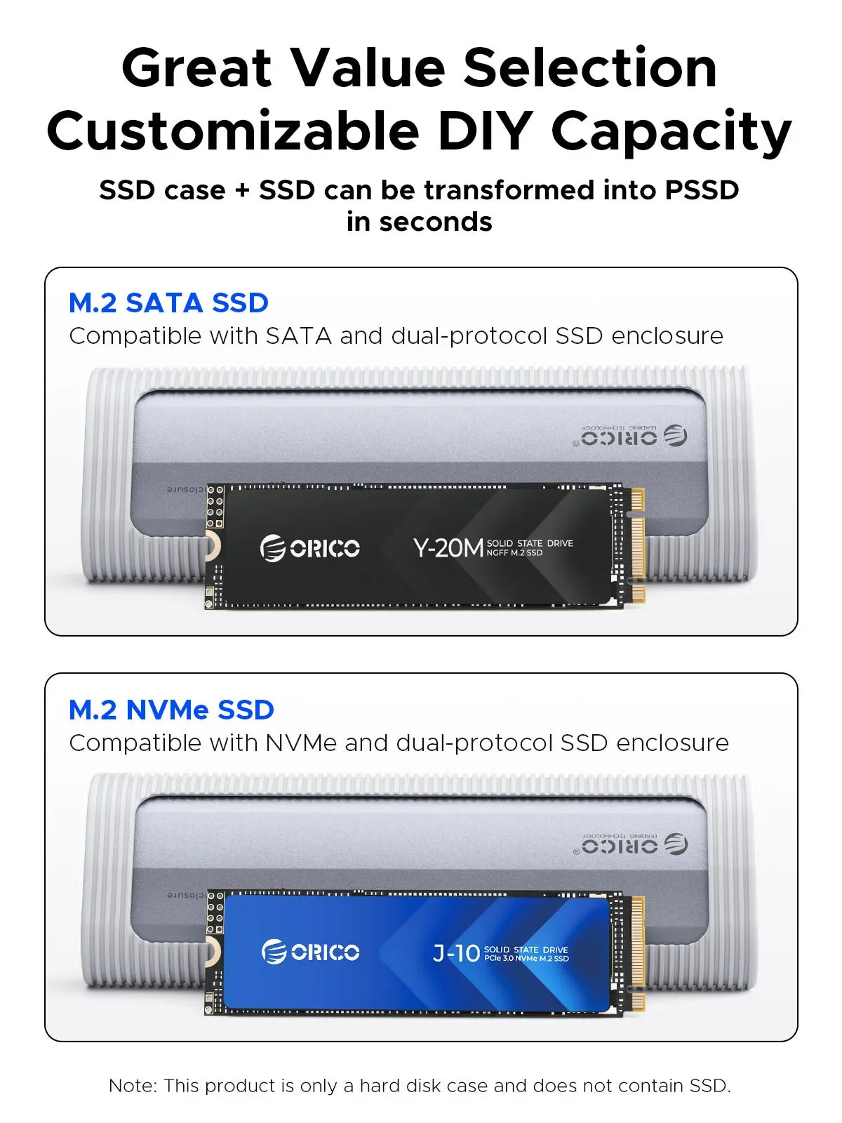ORICO M.2 NVMe SATA SSD-Gehäuse, werkzeugloses USB, extern, 10 Gbit/s, M.2 NVMe-zu-USB-Adapter, unterstützt UASP für PCIe NVMe und SATA SSD