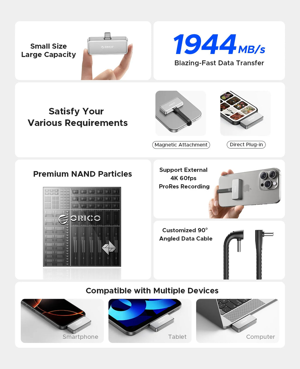 ORICO FlashPod 1 TB MINI magnetische tragbare SSD bis zu 2000 MB/s ProRes mit Direktstecker für iPhone 15 16 Serie, Tablets, Laptop