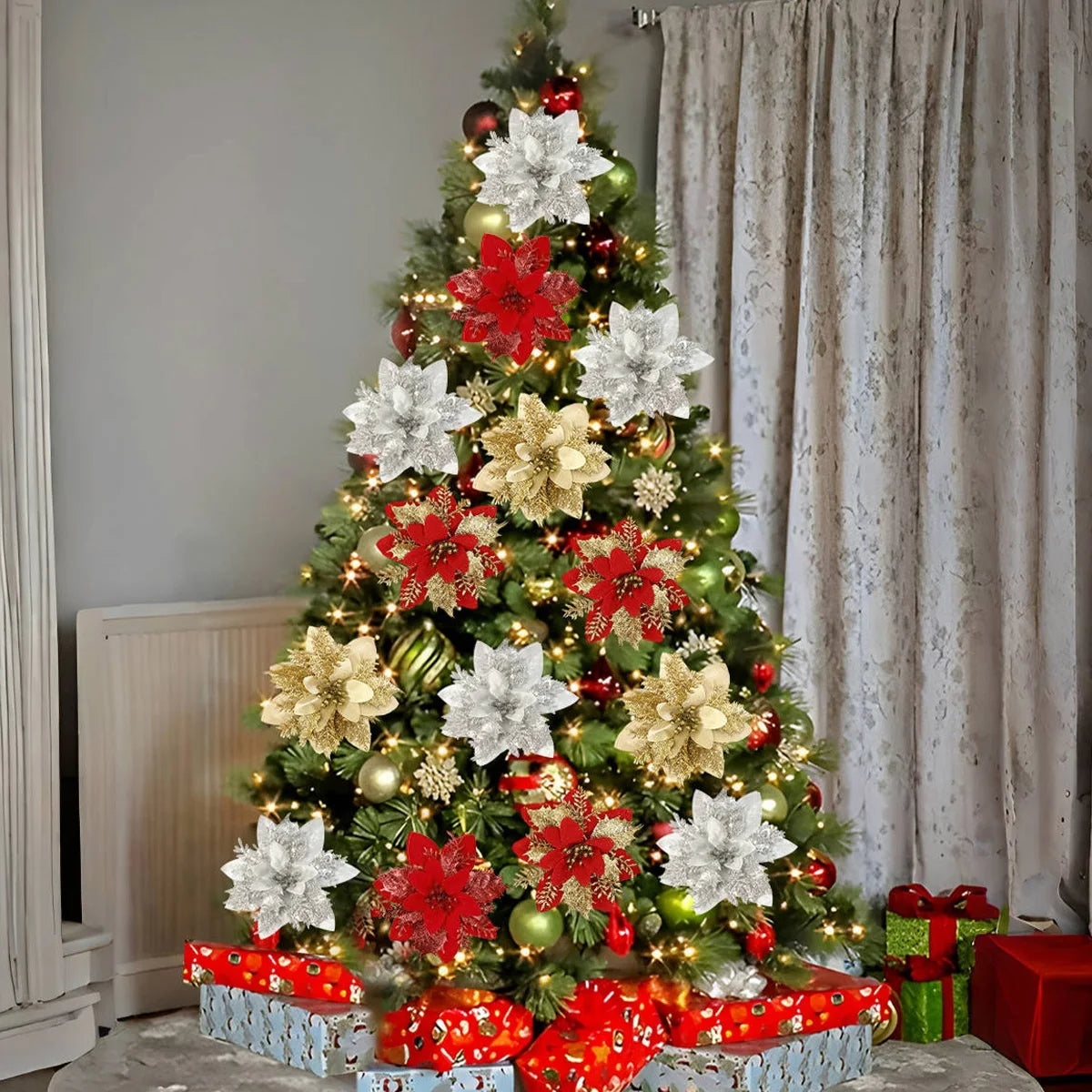 Weihnachts-Glitzerblumen, künstliche Blumen, Weihnachtsbaumschmuck für Zuhause, 2025, Baum-Anhänger, Ornamente, Navidad, Neujahr 2026, Geschenk