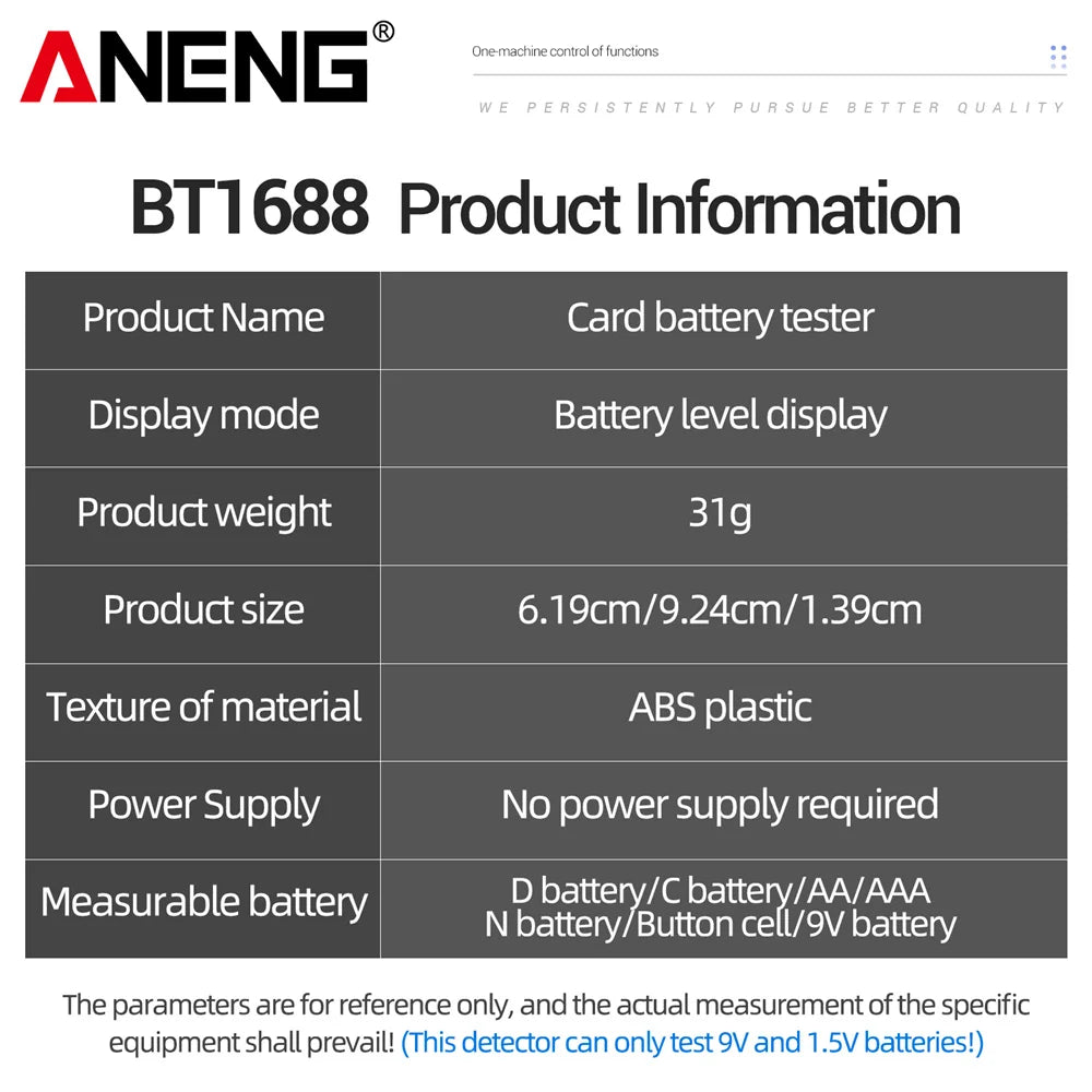 ANENG BT1688 Digitaler Batterietester – LCD, AA/AAA/C/D/9V/Knopfzelle, 3-Farben-Anzeige | CE | Schwarz, Silber & Grau