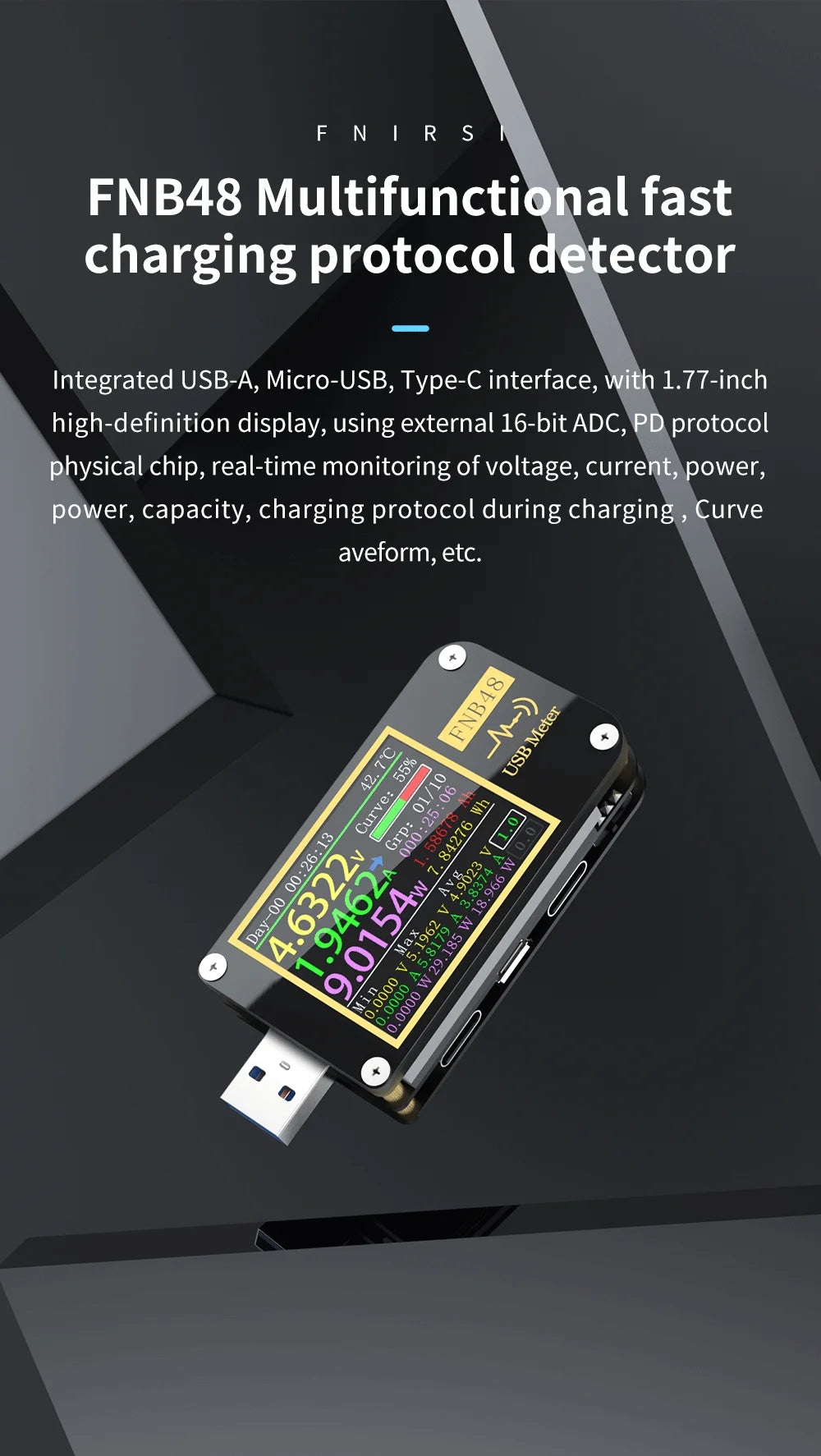 FNB58 USB-Tester, Voltmeter, Amperemeter, Typ C, Schnellladungserkennung, Auslöser, Kapazitätsmessung, Welligkeitsmessung