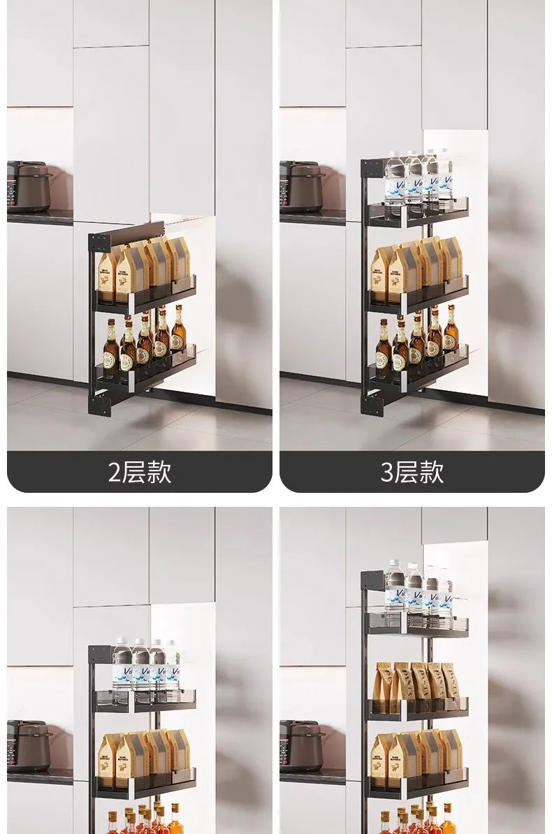 Seitlicher Zugkorb mit hohem Schrank, Kühlschrank-Fugenregal, extrem schmaler Snack-Schrank, Schublade, tiefe Küche, schmale Schränke