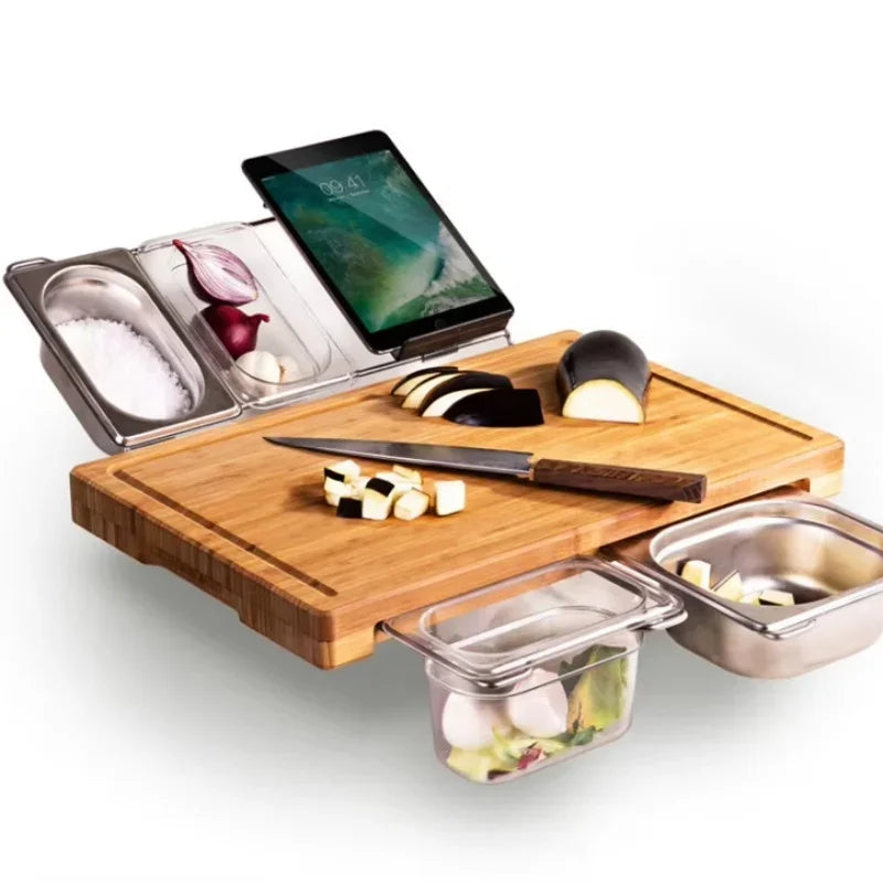 2025 erweiterbares Bambus-Schneidebrett-Set mit Tabletts und Box für die Küche, Saft-Trog, Schneidebrett-Werkzeuge, die gehackte Lebensmittel aufbewahren