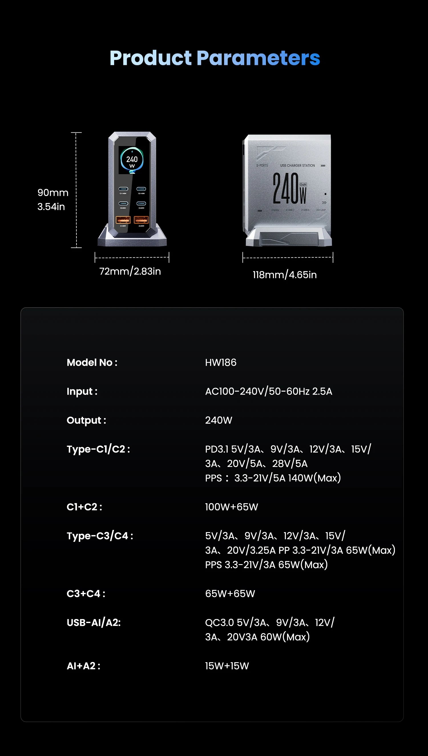 240 W GaN Ladegerät PD3.1 140 W USB Typ C 6 Ports PPS PD Desktop Schnellladestation für MacBook Laptops Tablet iPhone Samsung