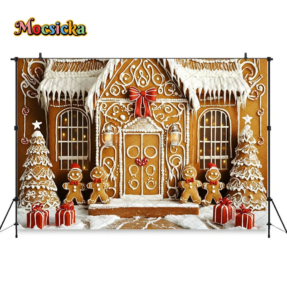 Mocsicka Weihnachten Lebkuchenhaus Fotografie Hintergrund verschneite Weihnachtsbaum Zuckerstangen Hintergrund Winter Urlaub Party Photozone