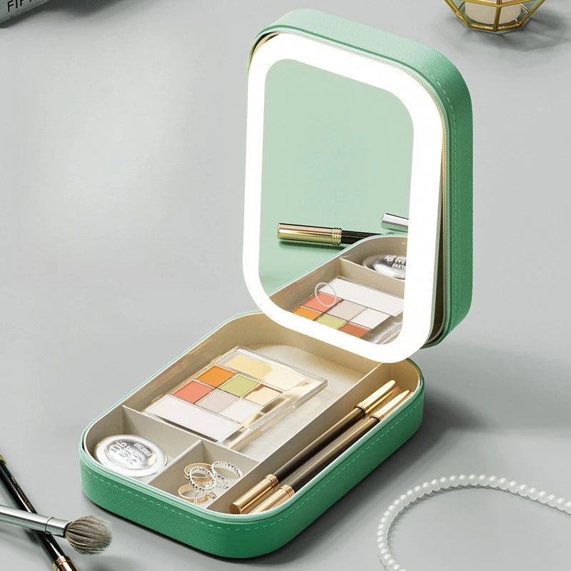 Tragbare Handgepäckbox für den Schreibtisch, Organisation von Hautpflegeprodukten, Lichtspiegel, integrierter Make-up-Organizer, Kosmetikaufbewahrung, Badezimmer