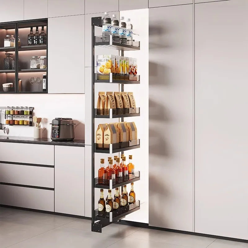 Seitlicher Zugkorb mit hohem Schrank, Kühlschrank-Fugenregal, extrem schmaler Snack-Schrank, Schublade, tiefe Küche, schmale Schränke