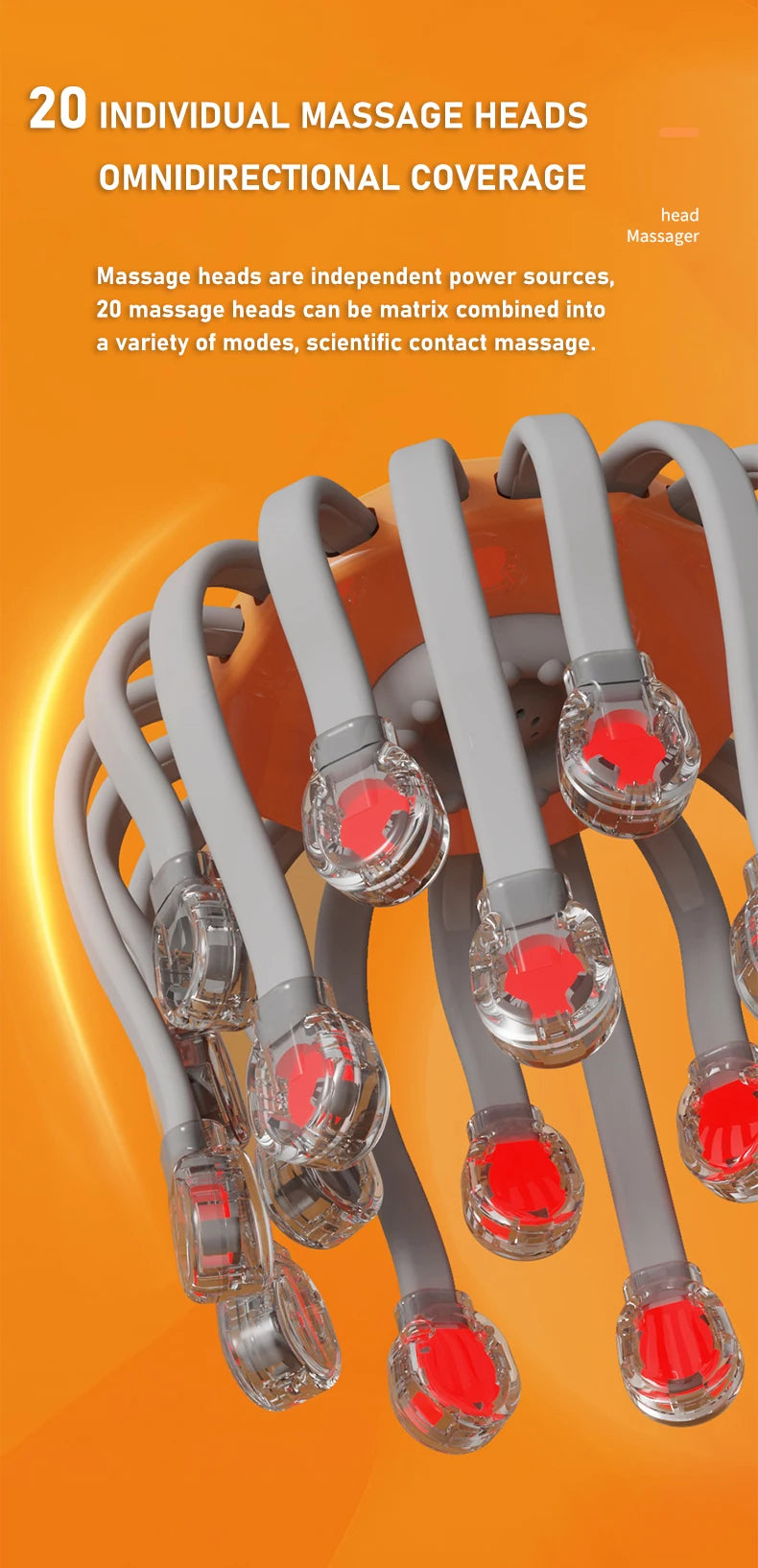 20 Massageköpfe Orange Kopfhaut Kopfmassagegerät Rotlicht Vibrator Octopus Scratcher zur Entspannung Stress Migräne