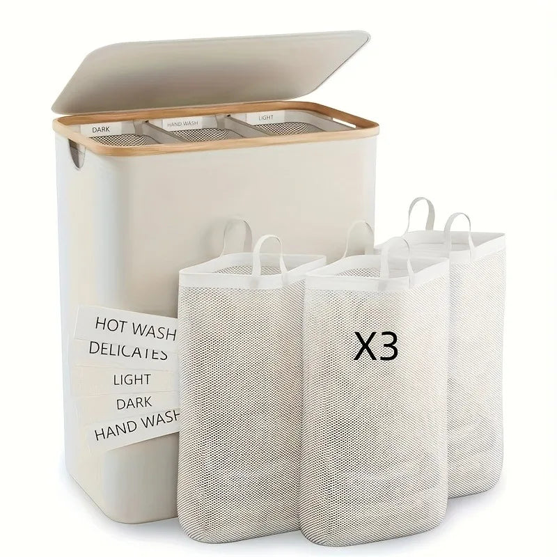 160 l extra großer Wäschekorb mit Deckel, 3 Gitter, Innentaschen, Wäschekorb, Griffe, Klassifizierungsetiketten, faltbarer Wäschekorb