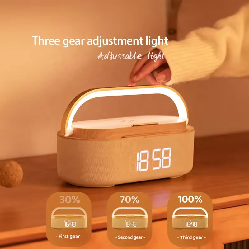 Digitales Weckerradio mit Bluetooth-Lautsprecher, 15 W kabelloses Ladegerät, zwei kabellosen Lautsprecher, einstellbarer lauter Alarmton