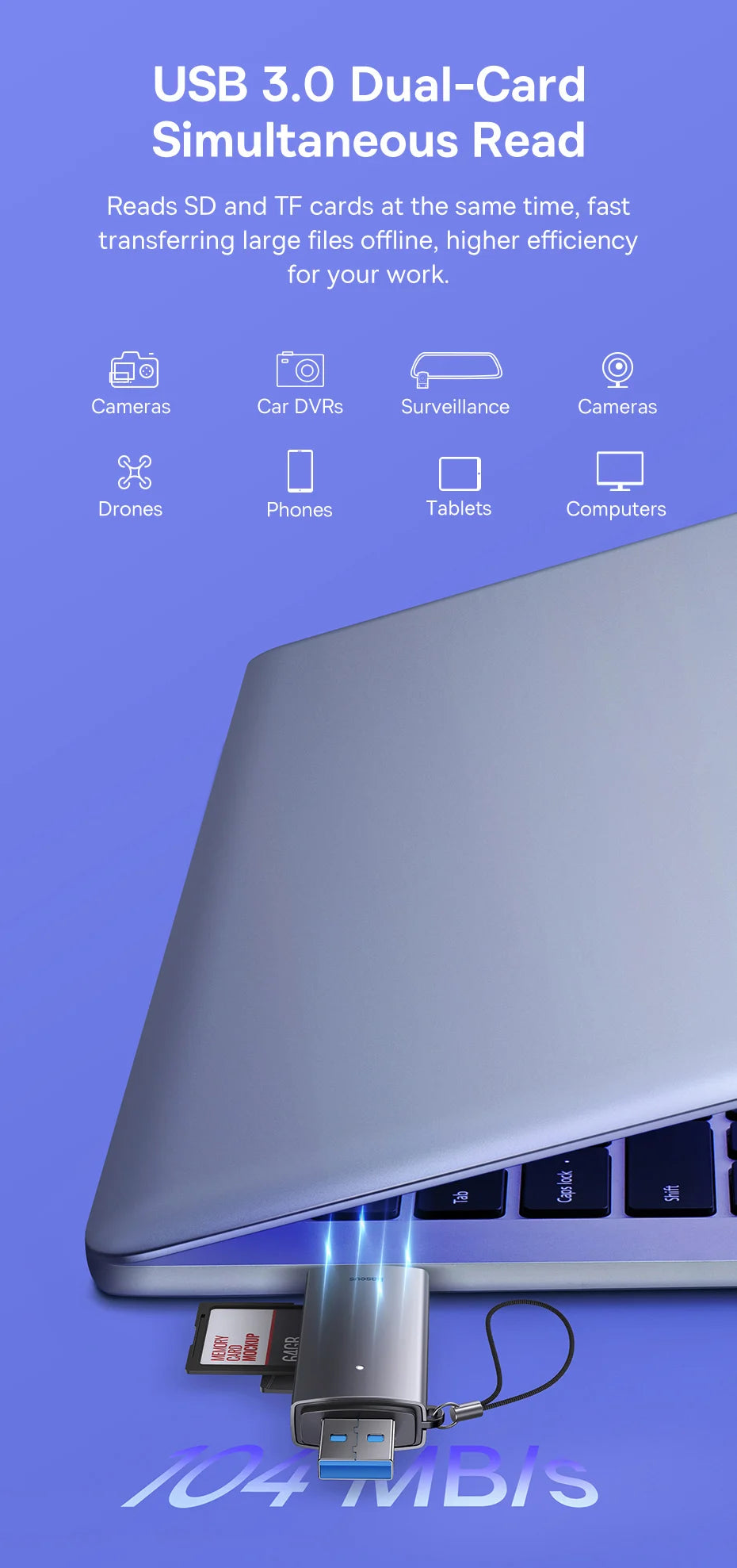 Baseus Kartenleser USB C & USB3.0 zu SD Micro SD TF Speicherkartengerät 104 MB/s 2 TB Smart Card Reader für Laptop-Zubehör