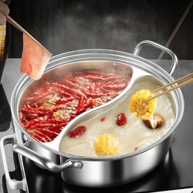Abgedeckter 12,2-Zoll-Hot Pot mit zwei Geschmacksrichtungen, integrierter Mandarin-Enten-Topf, verdickter chinesischer Hotpot für den Heimgebrauch, Edelstahl, doppelt