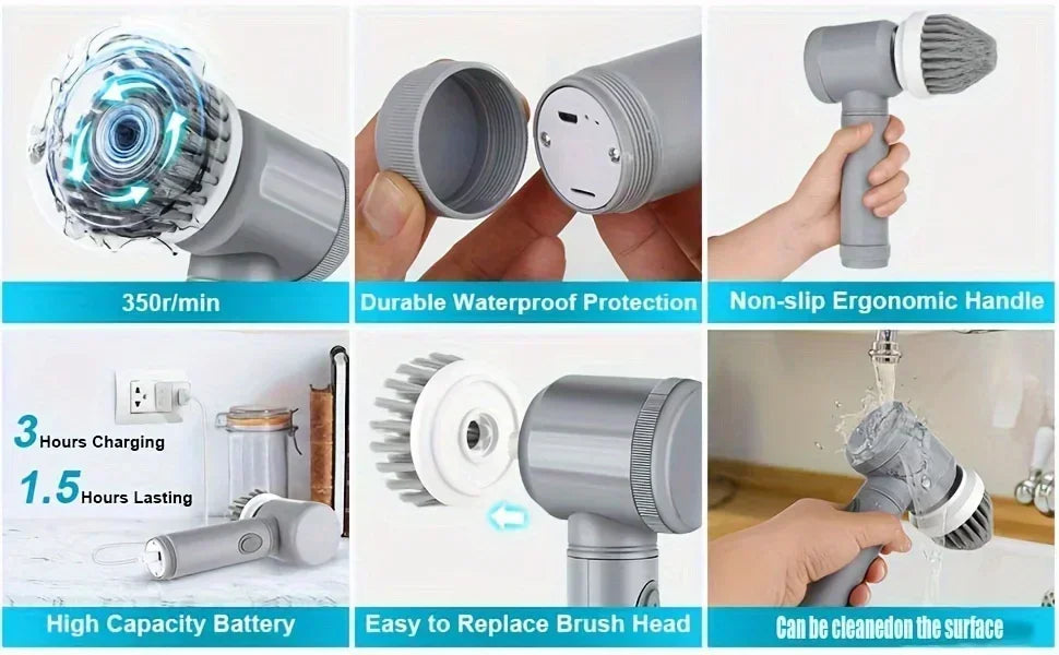 Elektrischer Schleuderschrubber, kabellose Reinigungsbürste für Badezimmer, Power Scrubber mit 5 austauschbaren Bürstenköpfen, elektrische Reinigungsbürste