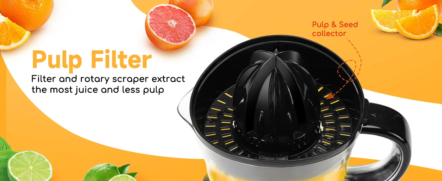 Aigostar elektrische Zitrus presse 40 Watt 700 ml, Zitrus presse mit Tropf auslauf, 2 austauschbare Zapfen. Bpa frei