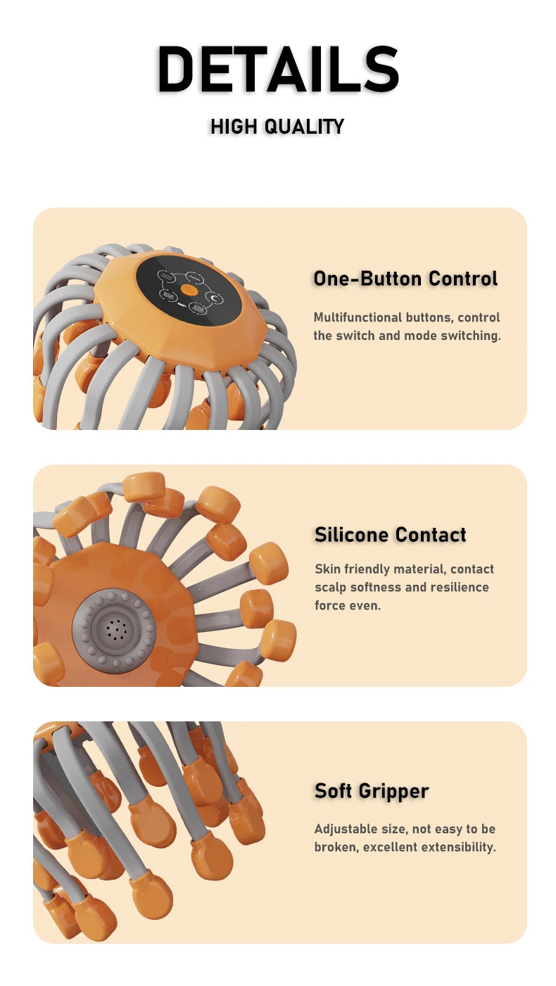 20 Massageköpfe Orange Kopfhaut Kopfmassagegerät Rotlicht Vibrator Octopus Scratcher zur Entspannung Stress Migräne