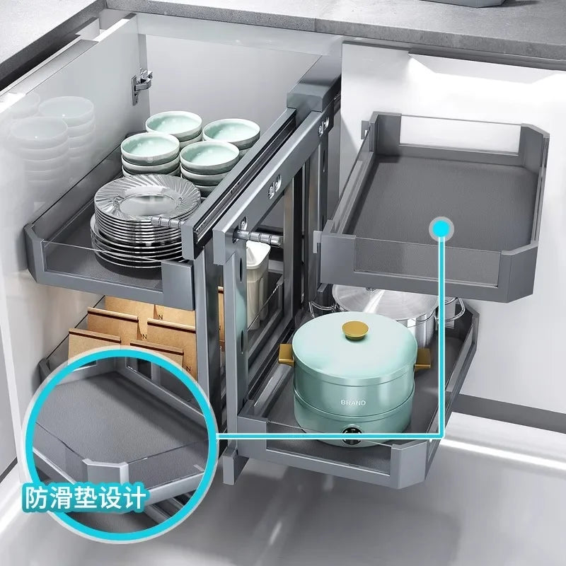 Eckkorb, Küchenschrank, komplett ausziehbar, Aufbewahrungsregal mit zwei Schubladen, Eckkorb