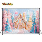 Mocsicka Weihnachten Lebkuchenhaus Fotografie Hintergrund verschneite Weihnachtsbaum Zuckerstangen Hintergrund Winter Urlaub Party Photozone