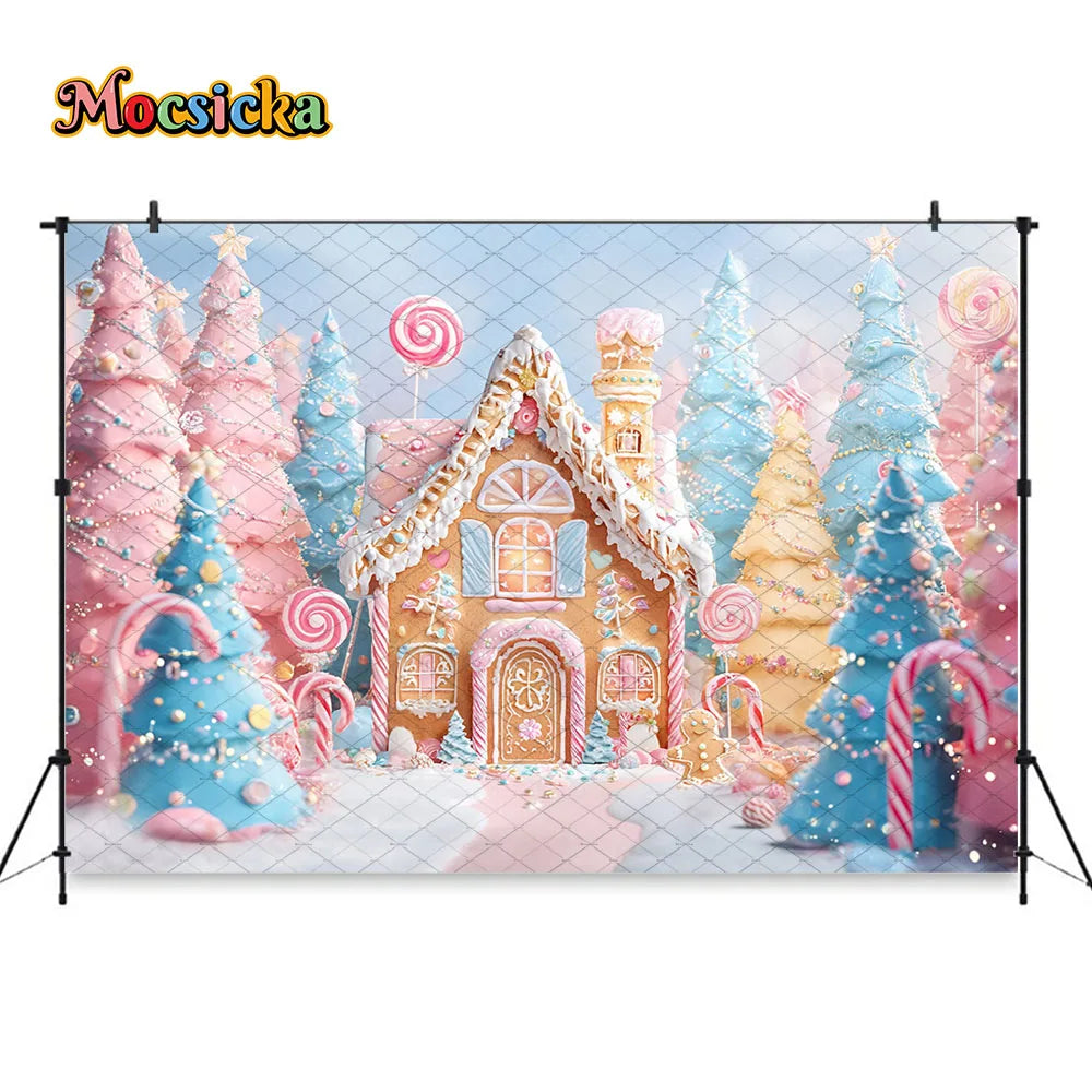Mocsicka Weihnachten Lebkuchenhaus Fotografie Hintergrund verschneite Weihnachtsbaum Zuckerstangen Hintergrund Winter Urlaub Party Photozone
