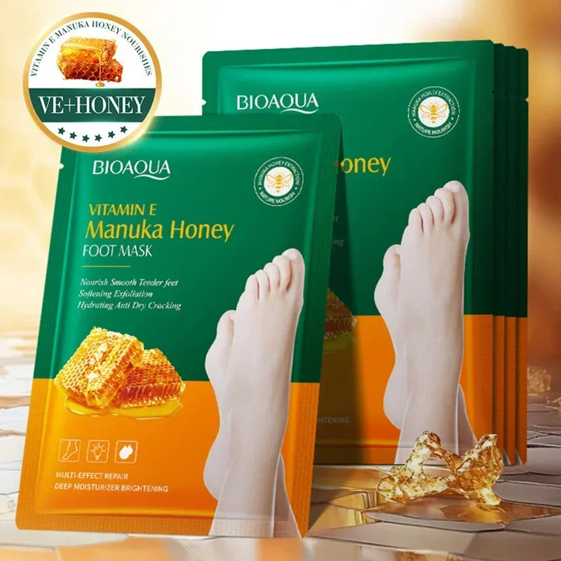 Manuka-Honig & Vitamin E Fußmaske – Tiefenpflege, Peeling & Reparatur für trockene, rissige Fersen, 1–10 Paar