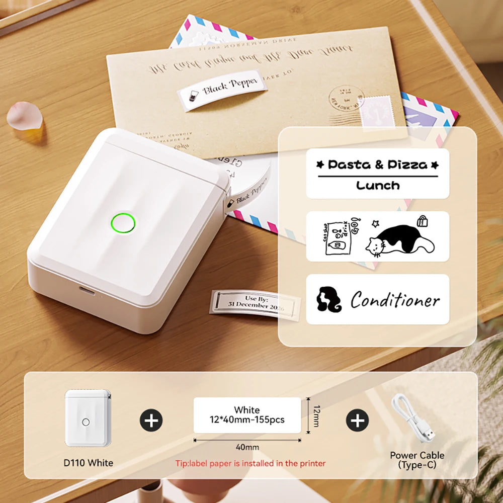 Niimbot D110 Mini Thermo-Etikettendrucker – Bluetooth, Tintenfrei, 203dpi, USB-C | iOS & Android | CE/FCC/RoHS | 3 Farben