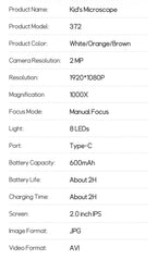 Kindermikroskop, 1000-fache Vergrößerungsmikroskop, 200 Megapixel, mit LED-Foto- und Videofunktion, Lernspielzeug, Wissenschaft für Kinder