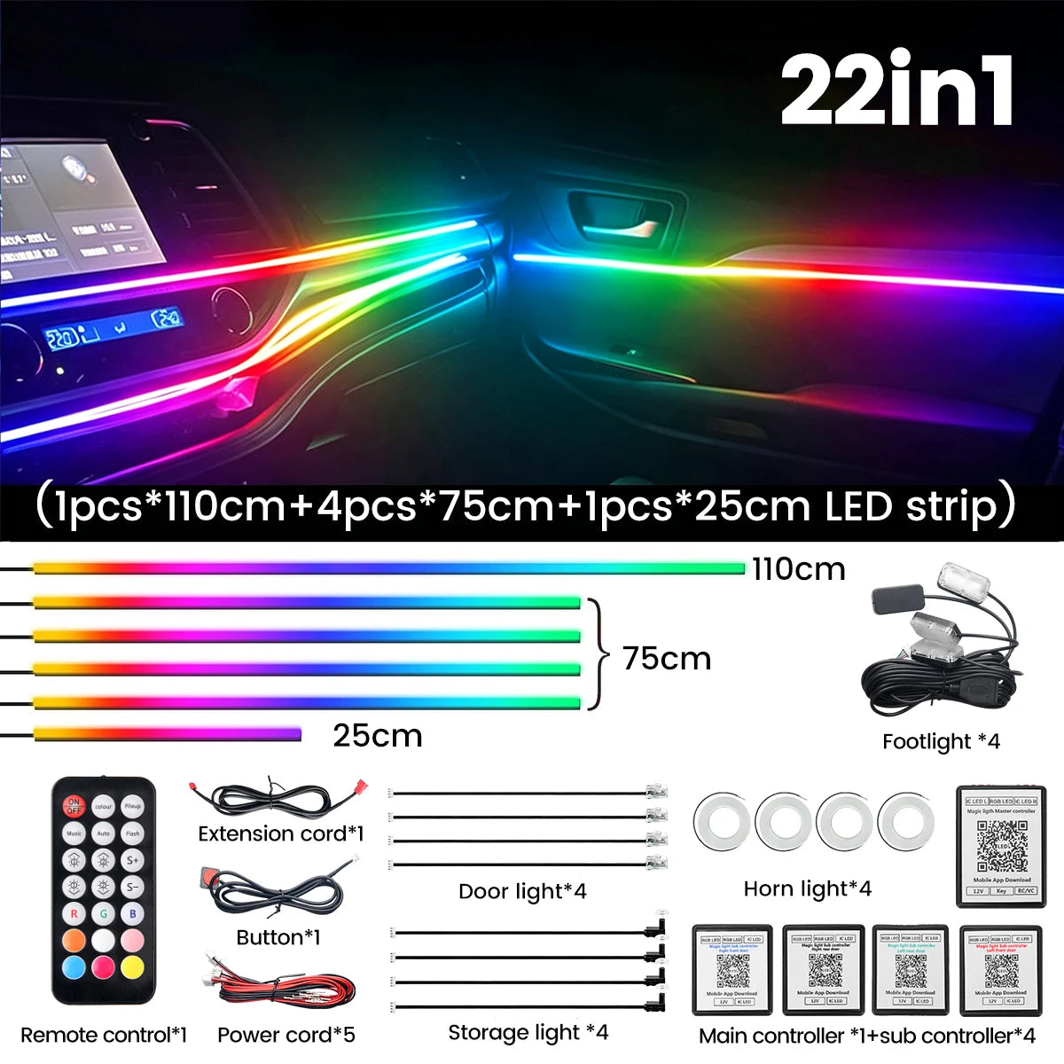 VASTFIRE Starlight Auto-Ambientebeleuchtung – Glasfaser-Fußmatten, RGB-Lichtleiste & Faserlampen | App & Fernbedienung | CE & RoHS