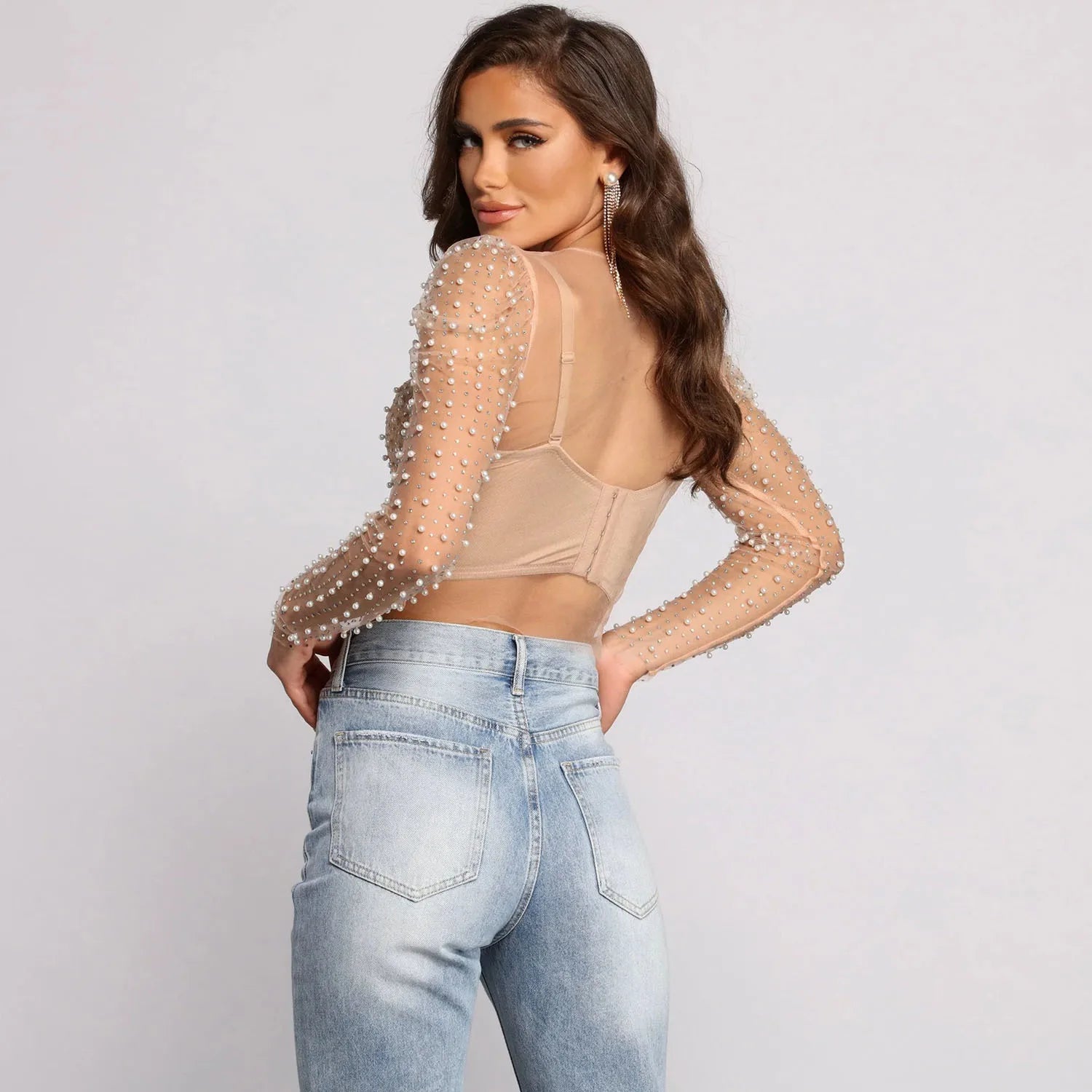 Frauen Sexy Mesh Perlen Tops Damen Mode Pailletten Blase Ärmeln Top T-Shirt Sommer Casual Pullover Tops für Weibliche 2025, Neue