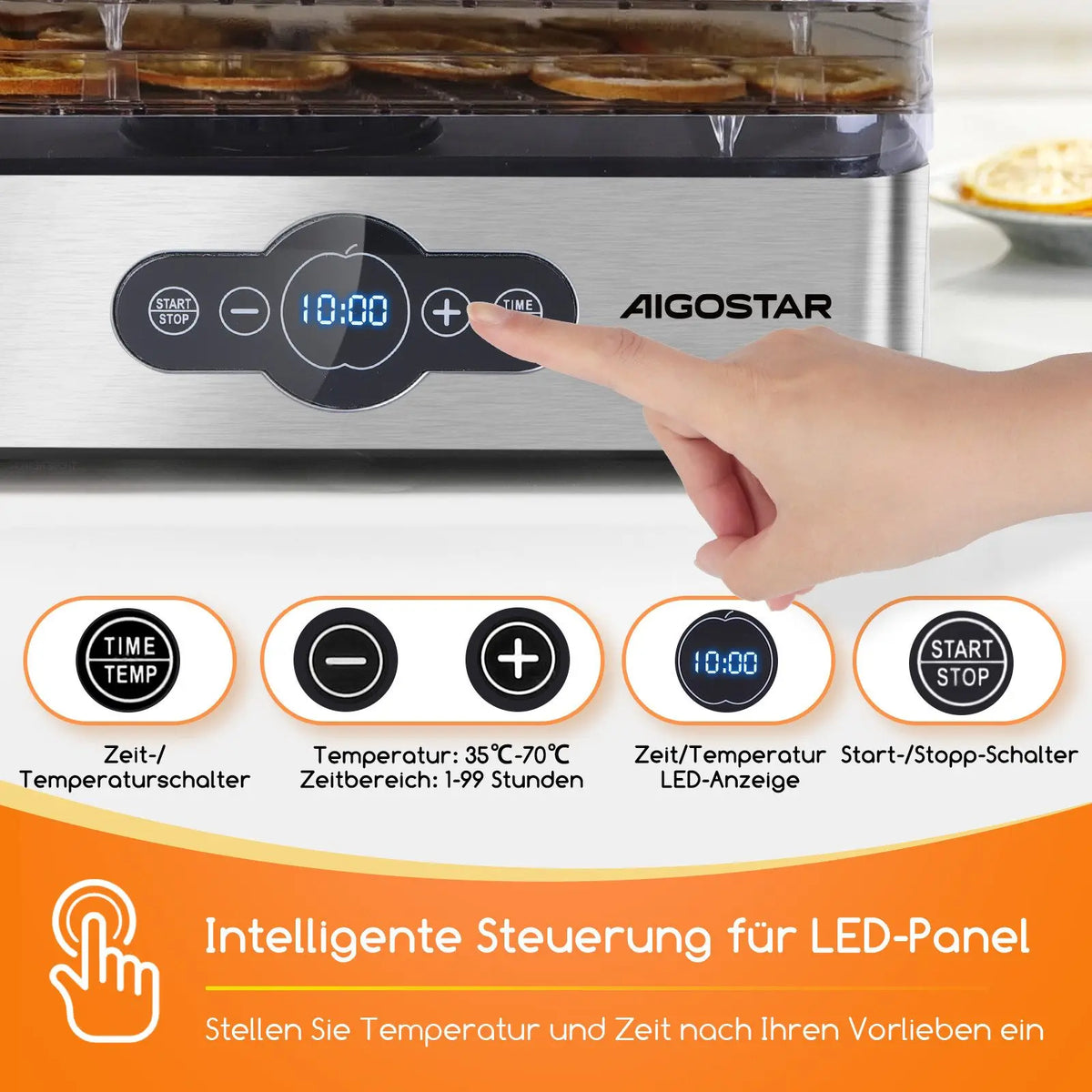 Aigostar Crispy Lebensmitteltrockner – 240W, 5 Tabletts, 35–70°C, 0–99h Timer, LED | CE | Obst, Fleisch & Gemüse