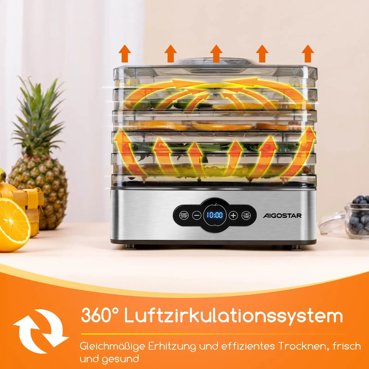 Aigostar Crispy Lebensmitteltrockner – 240W, 5 Tabletts, 35–70°C, 0–99h Timer, LED | CE | Obst, Fleisch & Gemüse