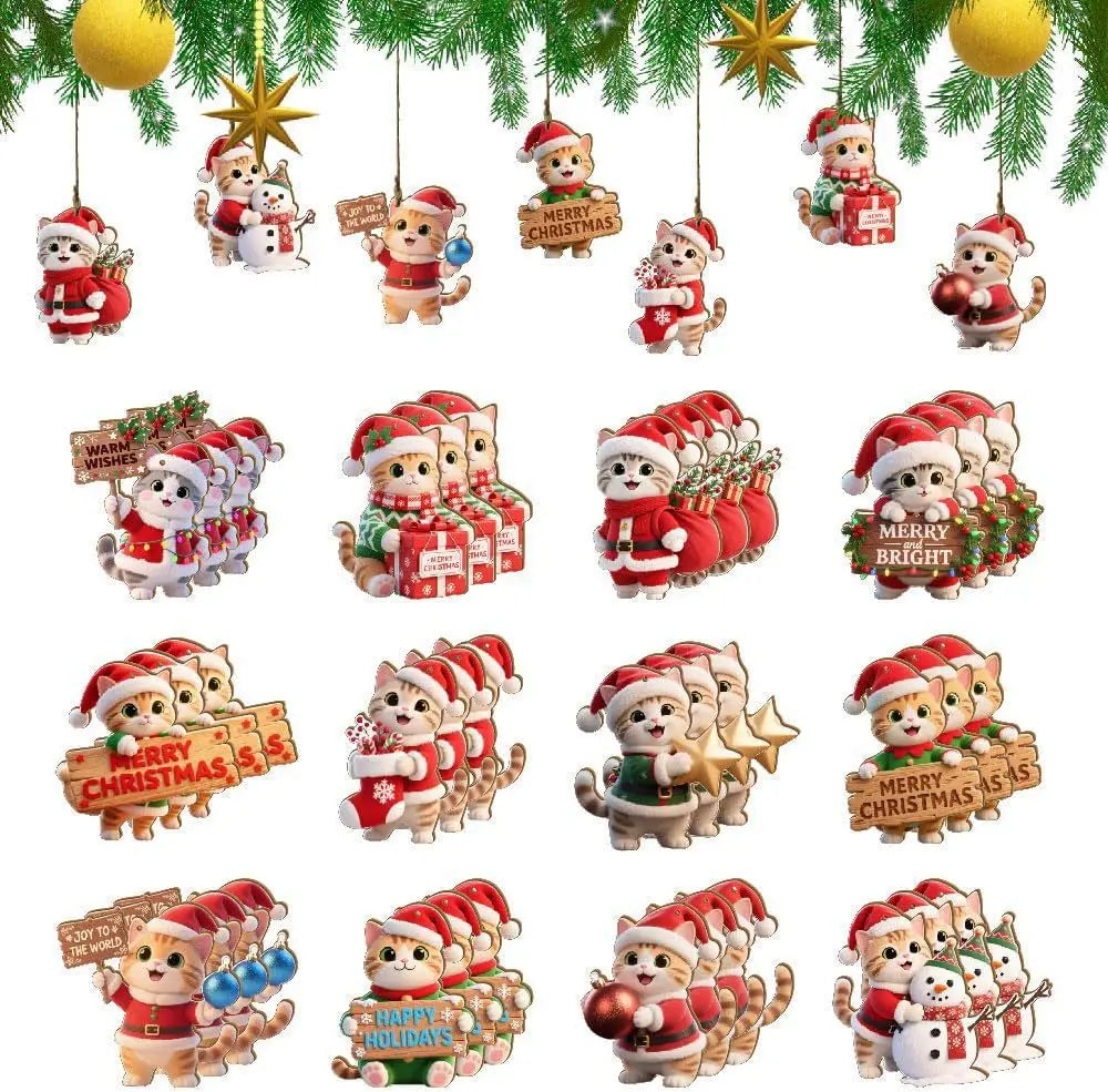 2D Flache 12 Stück Weihnachts-Holzanhänger Kreative süße Katze Mottoparty-Dekorationen Weihnachtsbaum-Anhänger Festliche Lieferungen