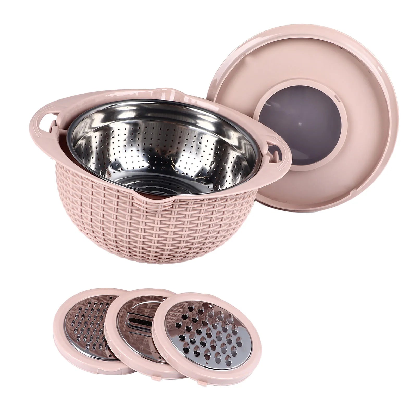 4-in-1-Siebschüssel mit Schneidwerkzeugen, drehbares Sieb, 2-lagiger ergonomischer Griff, vielseitige Gemüsewaschschüssel