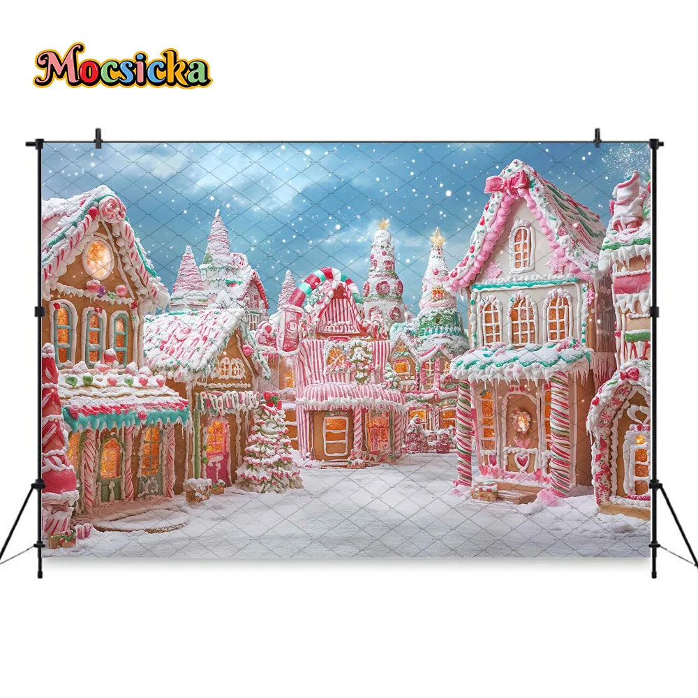 Mocsicka Weihnachten Lebkuchenhaus Fotografie Hintergrund verschneite Weihnachtsbaum Zuckerstangen Hintergrund Winter Urlaub Party Photozone