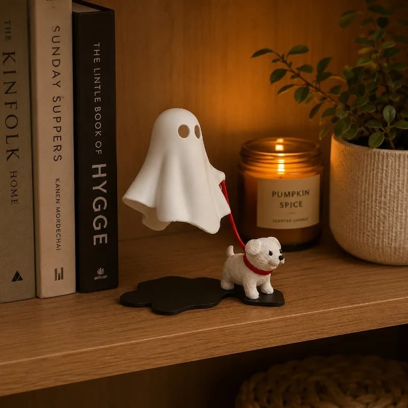 Halloween Geist-Hund-Figur – Süße Tischdeko, Geist mit Welpen | Schreibtisch & Regal